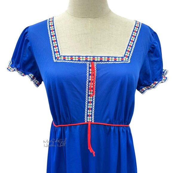 Vintage Lorraine Blue Boho Maxi Dress w/ Embroidered Trim & Ruffle Hem - Picture 3 of 7